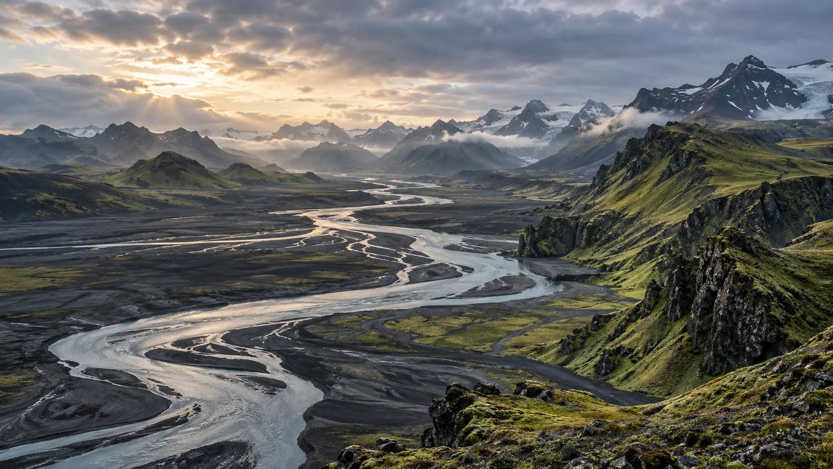 Glacial river winding through a remote volcanic highland valley